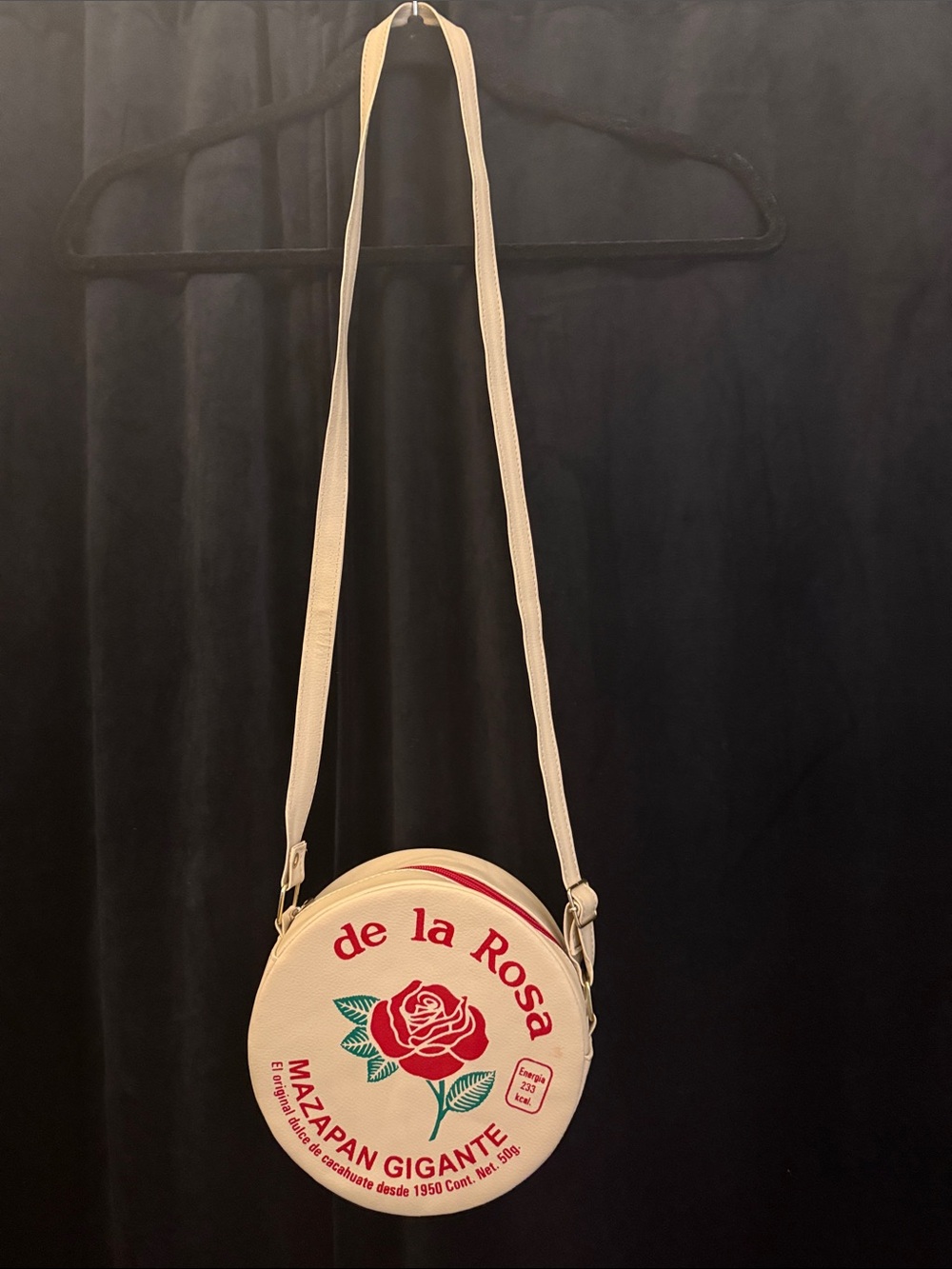 Cream Round Crossbody Bag with Red Rose Graphic